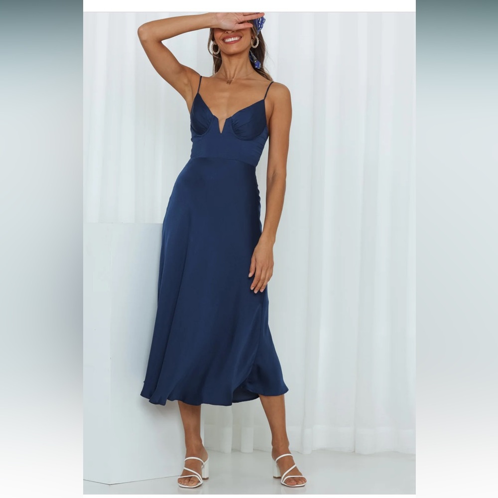 NWT Hello molly / here comes the sun blue silky XS midi dress, bustier/corset